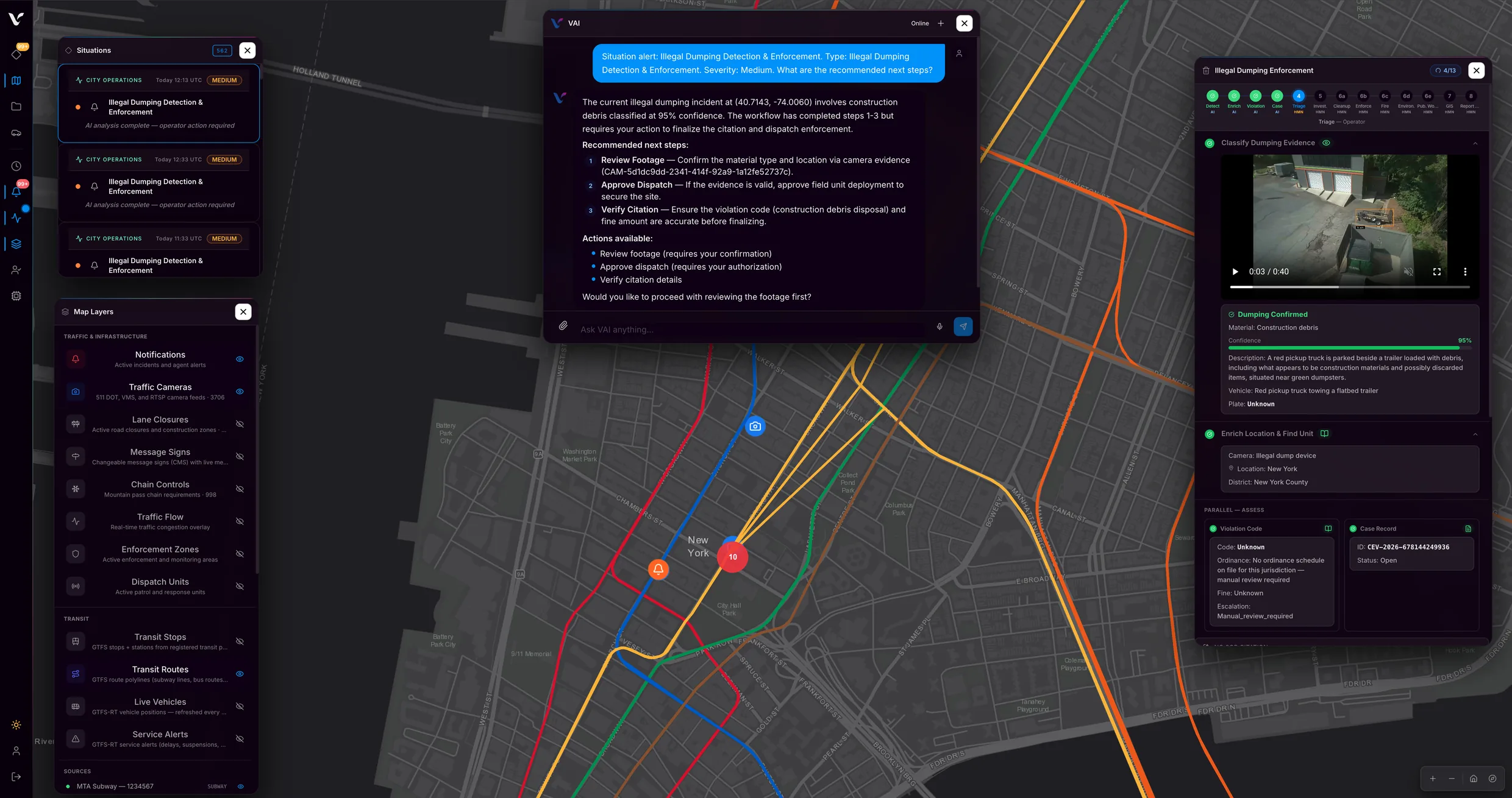 A VerityAI™ finding for illegal dumping in lower Manhattan: the camera clip and location, a confidence of 95 percent, the plate and the ordinance marked unknown for manual review, and the operator's next actions listed by the assistant.