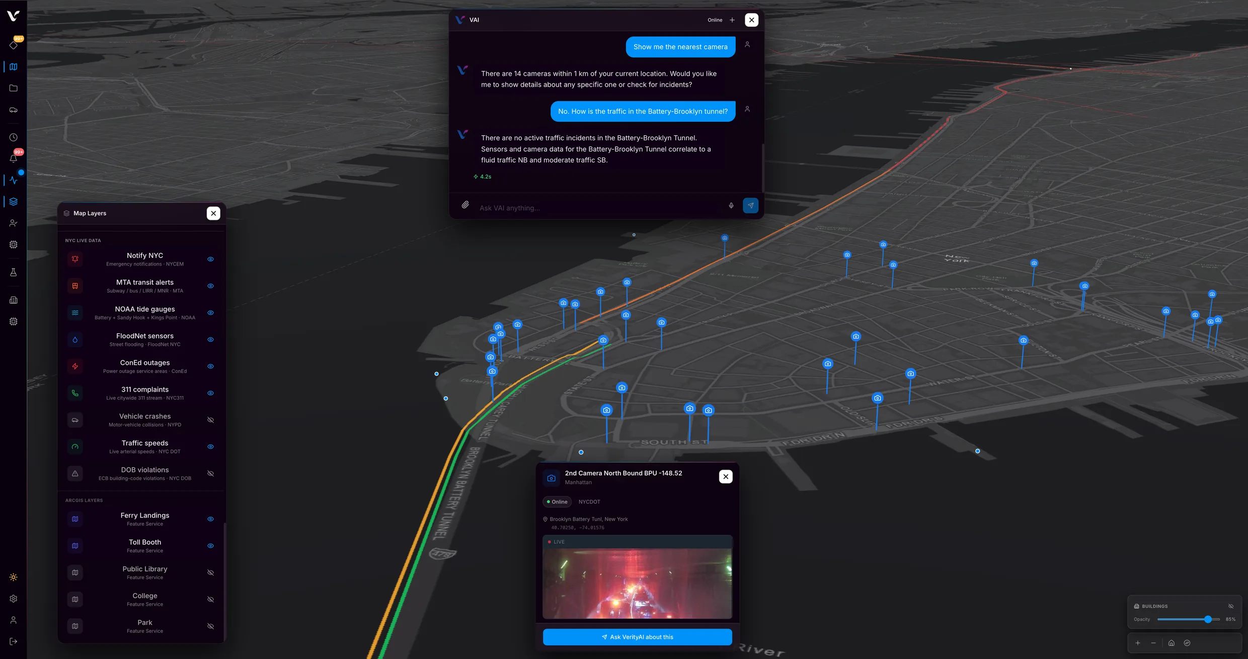 The VerityAI™ map of lower Manhattan with live data layers from city agencies, camera positions along the Brooklyn Battery Tunnel approach, a live tunnel camera, and the assistant answering a question about tunnel traffic.
