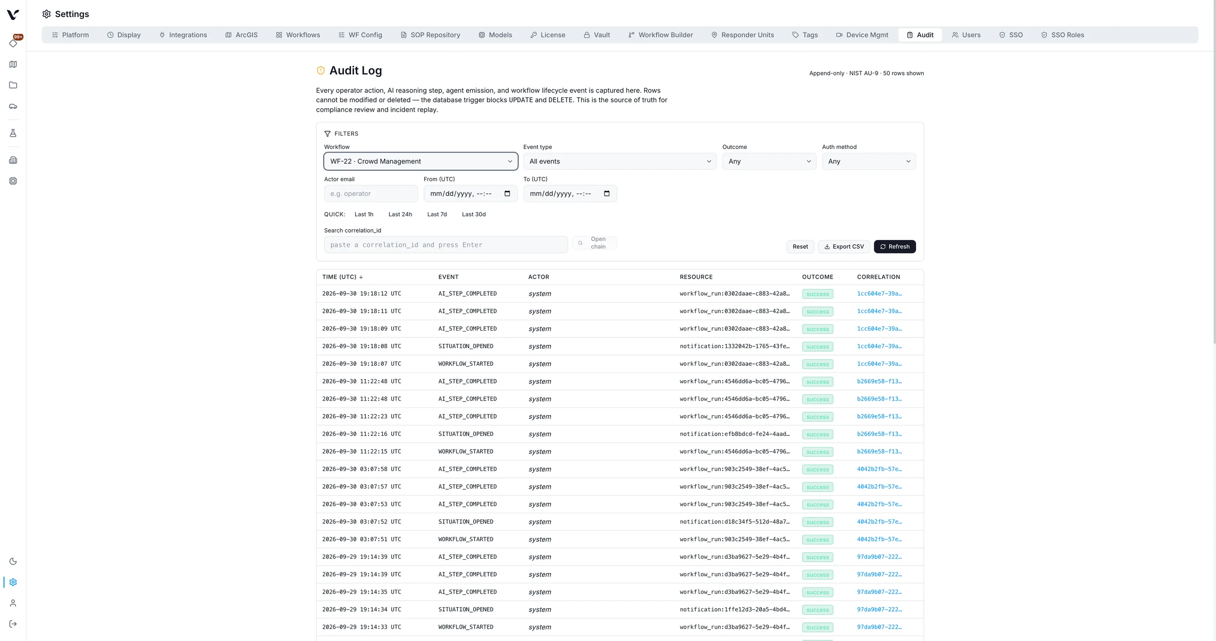 VerityAI™'s audit log: filters by workflow, event type, outcome, actor and time, and rows of timestamped events with the actor, the resource, the outcome and a correlation id.